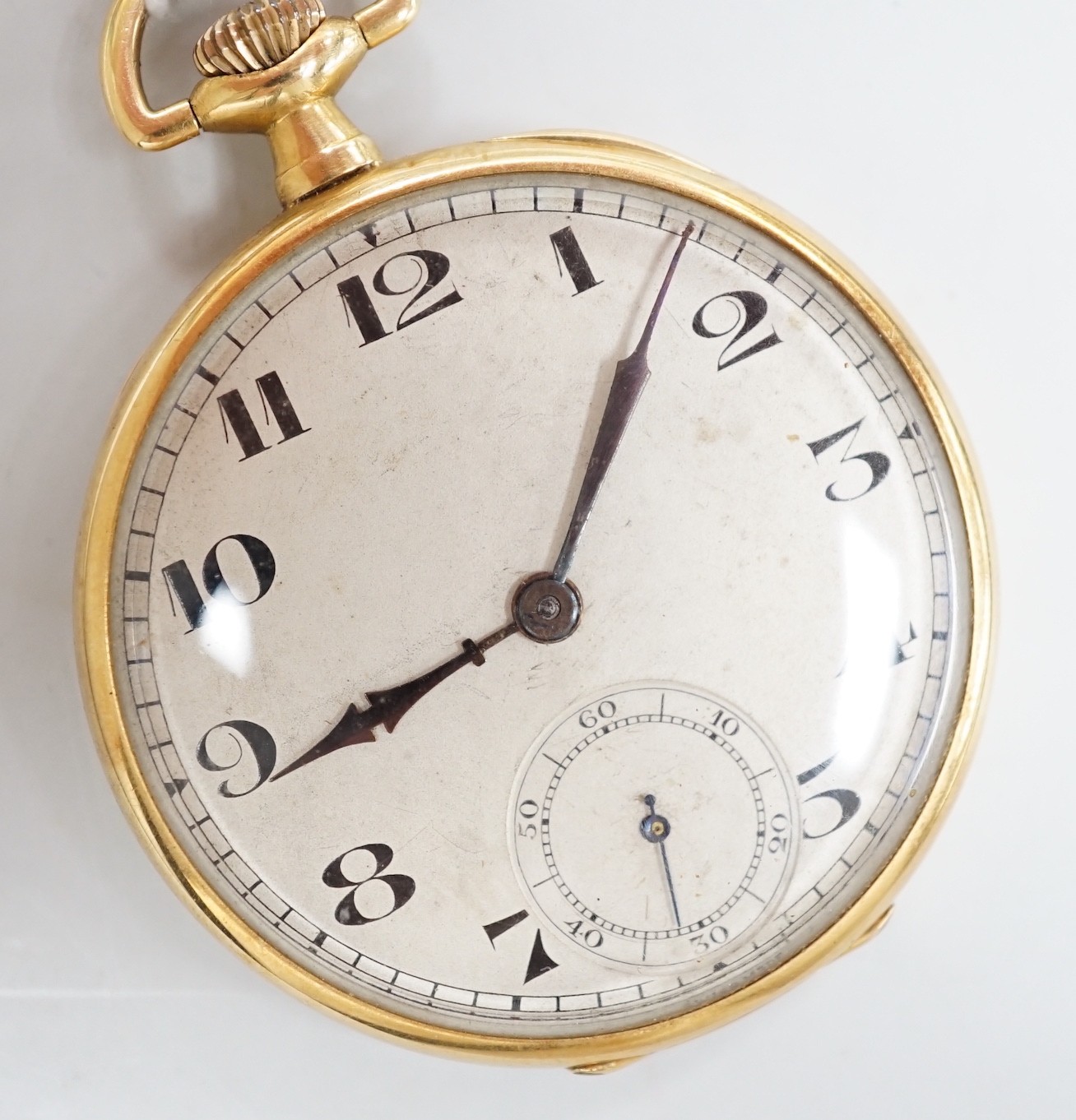 A continental 1920's 18ct gold open faced keyless dress pocket watch, 40mm, gross weight 36.5 grams.